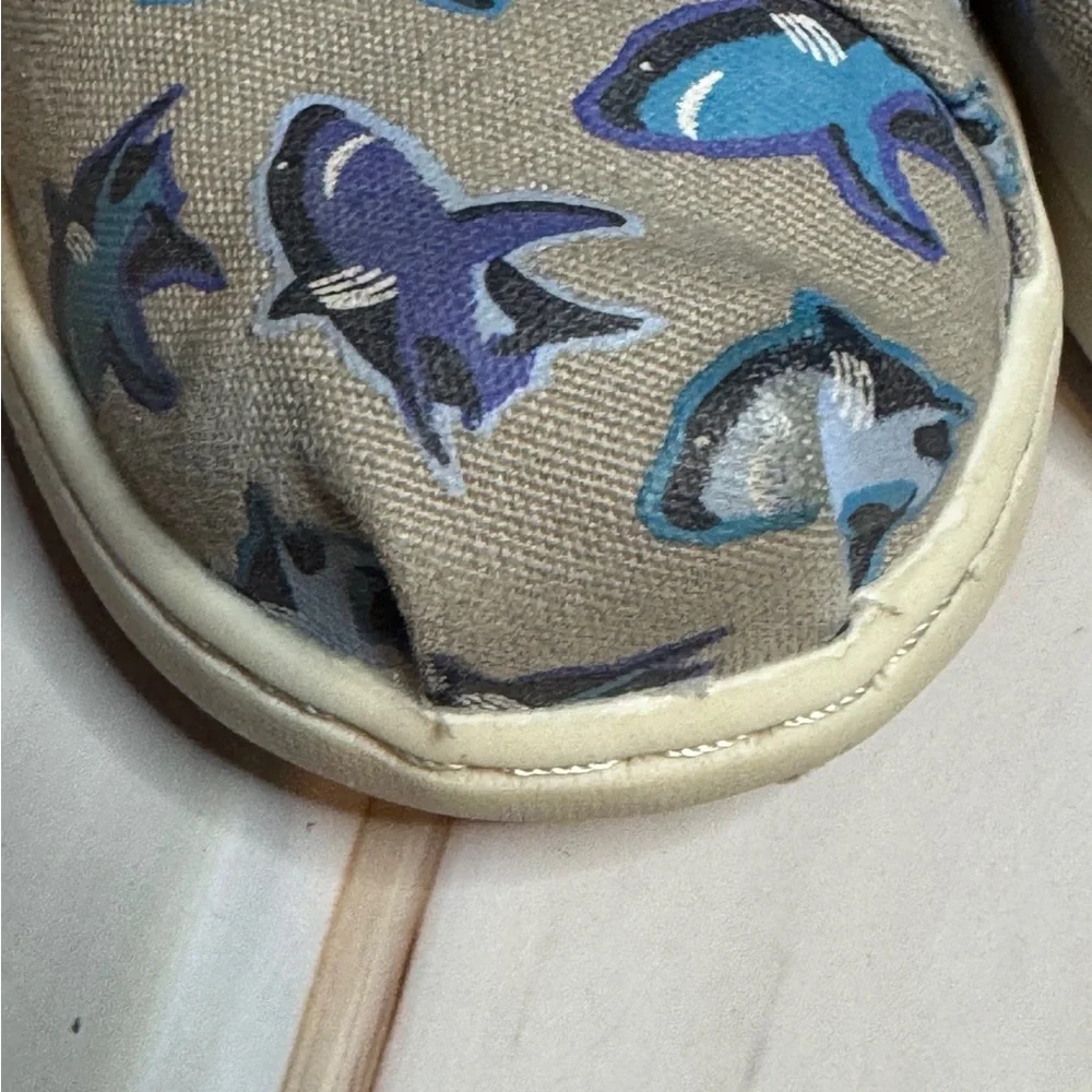 Toms Kids Shoes with Blue and Gray Shark Print. Size 10. Good Condition